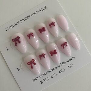 Pink Press-On Nails Hand Made with Red Bows